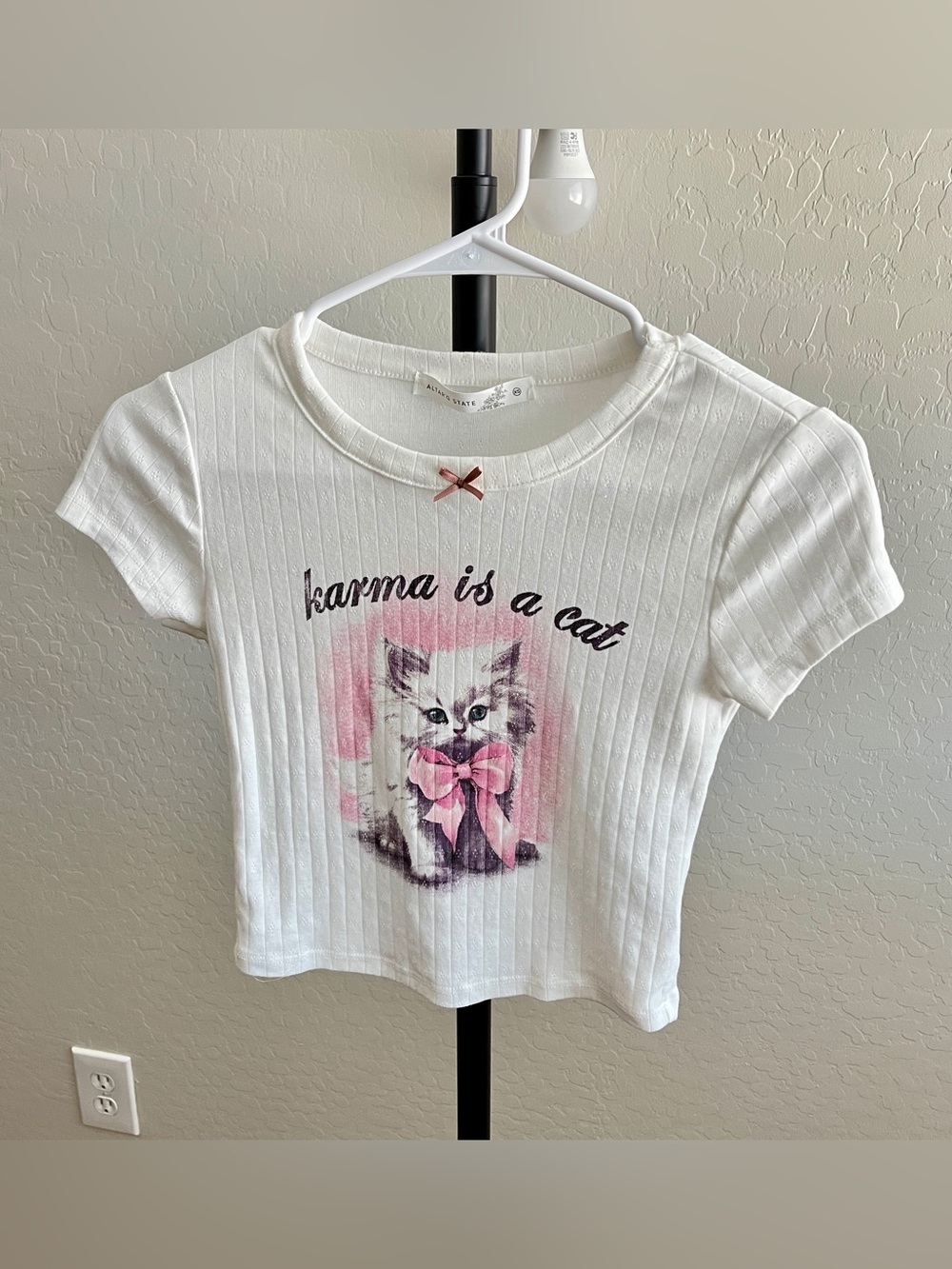 Altar'd State Karma is a Cat White Ribbed Kitten Graphic Baby Tee - Picture 5 of 7